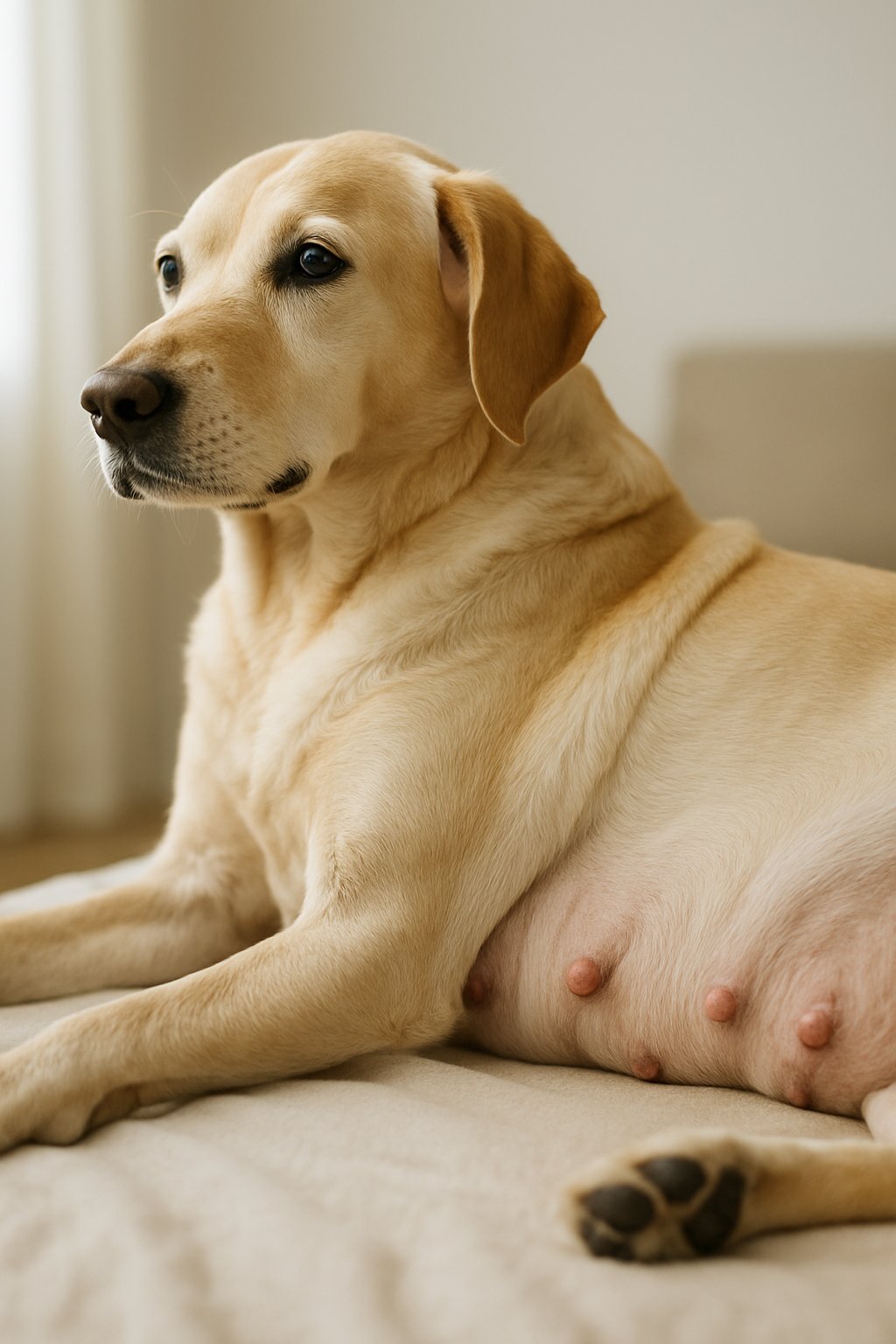 Close-up of a calm adult female dog lying down, showing its torso and nipples.