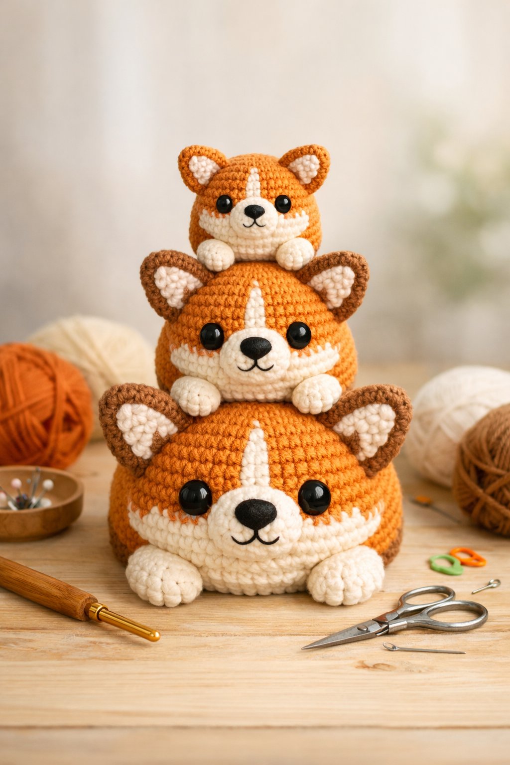 Three handmade crochet corgi toys stacked on a wooden surface with crochet tools nearby.