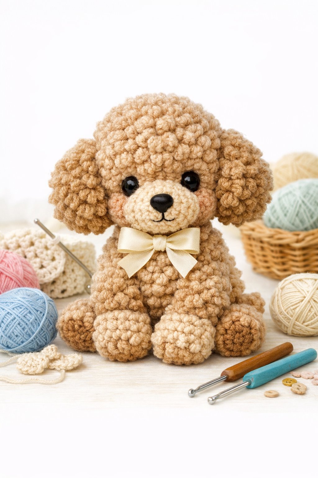 A crocheted teddy poodle sitting with soft, fluffy fur surrounded by yarn balls and crochet hooks.