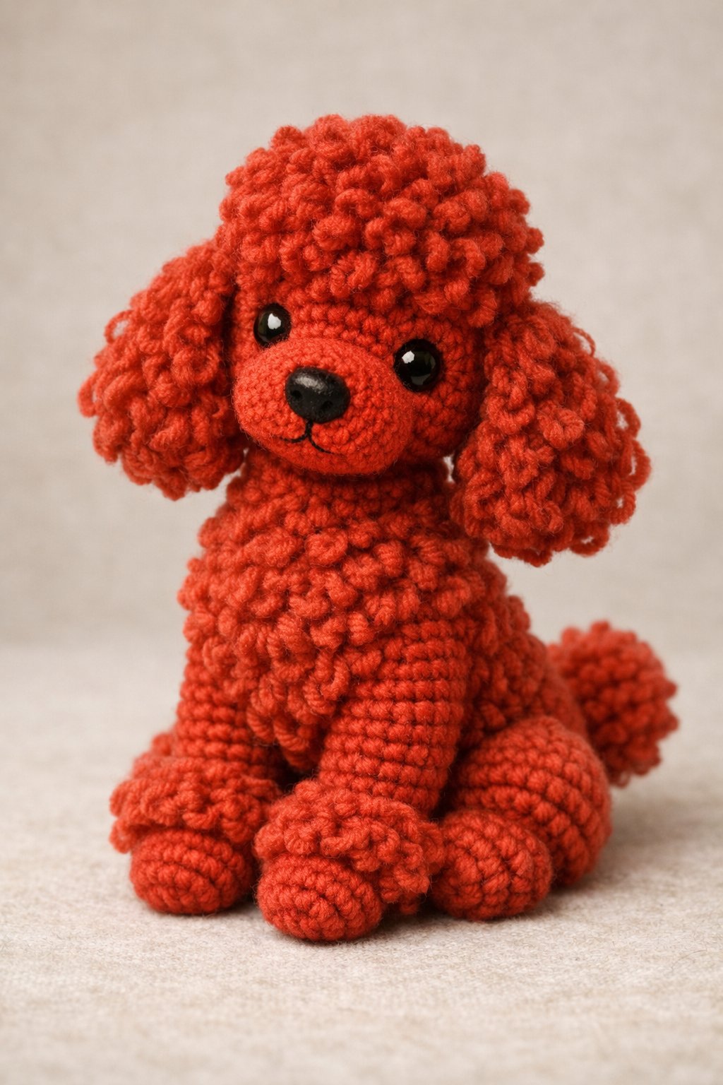 A red crocheted poodle dog sitting upright with detailed yarn texture and black eyes on a plain background.