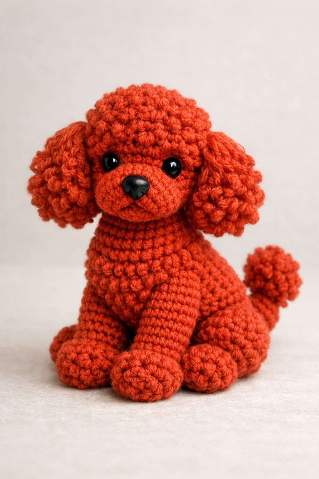 A realistic red poodle crocheted dog sitting on a plain background with visible textured curly fur and detailed stitching.