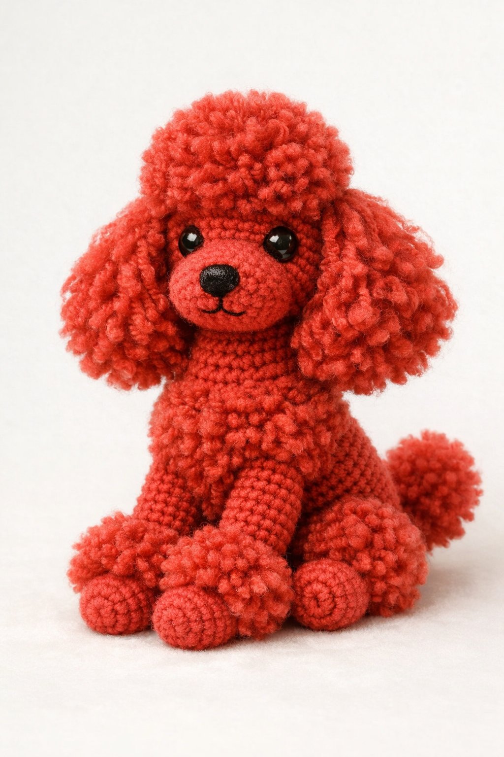 A realistic red crocheted poodle dog sitting with fluffy curly fur made from soft yarn.