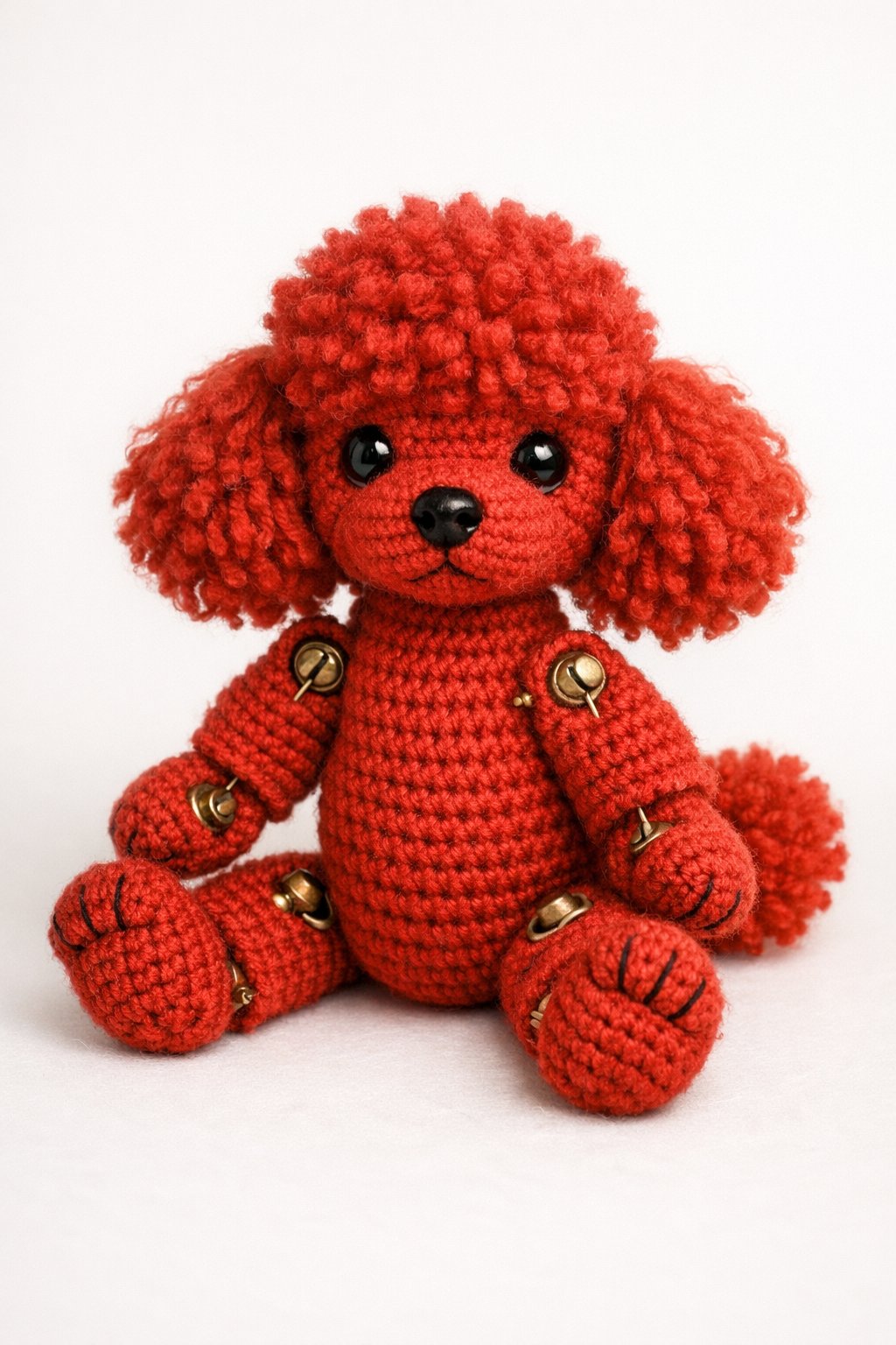 A red crocheted poodle toy with movable limbs connected by cotter pin joints, sitting on a neutral background.