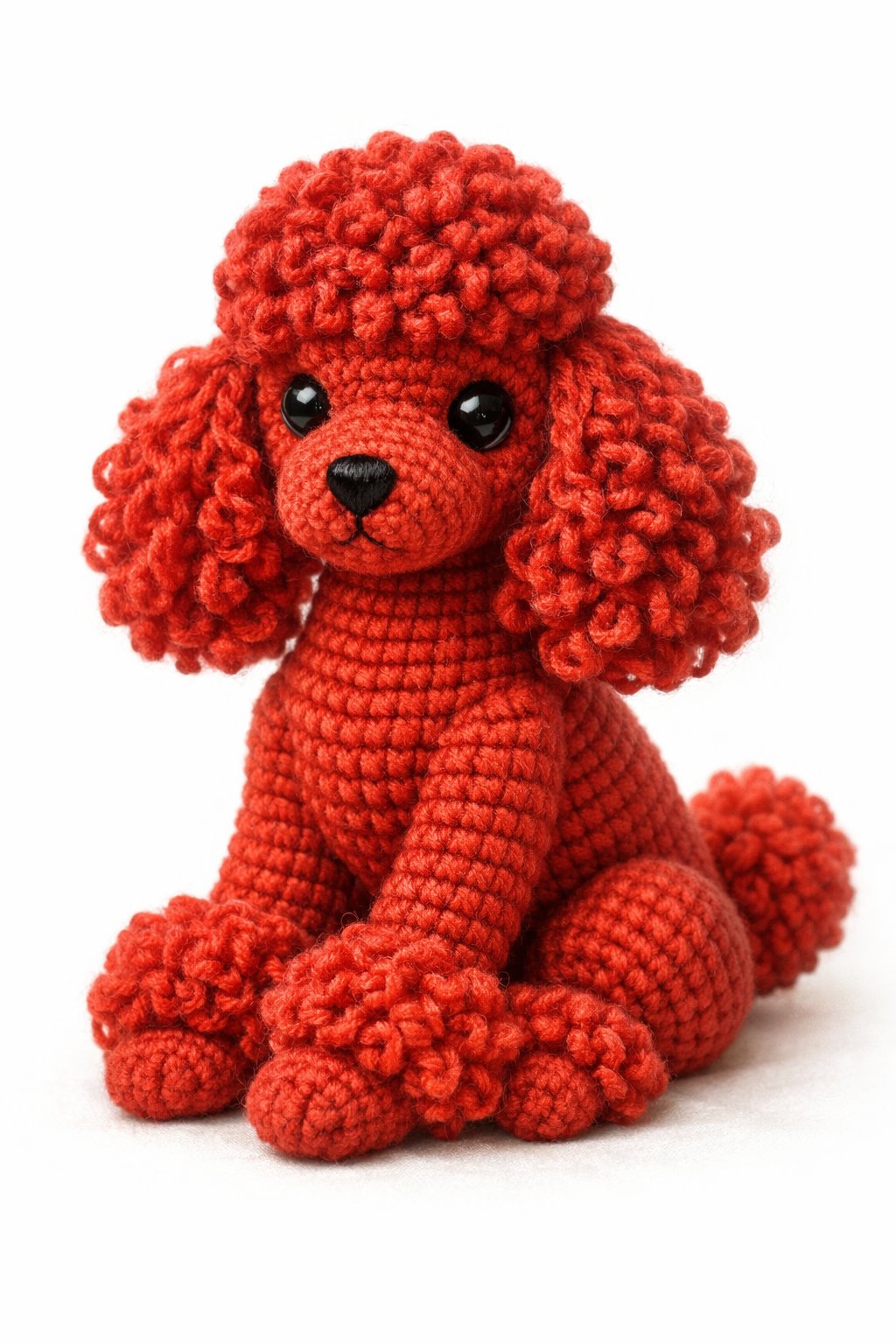 A realistic red poodle crocheted dog sitting gracefully with detailed curly fur and visible stitch textures.