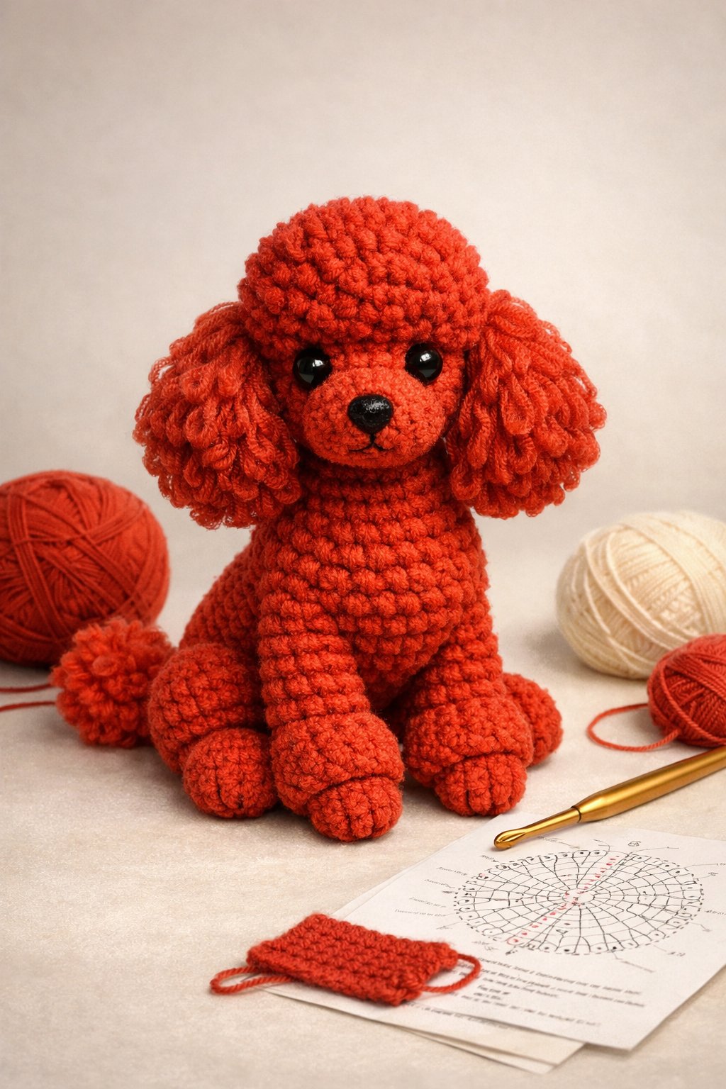 A realistic red crocheted poodle dog sitting on a surface with crochet tools and yarn nearby.