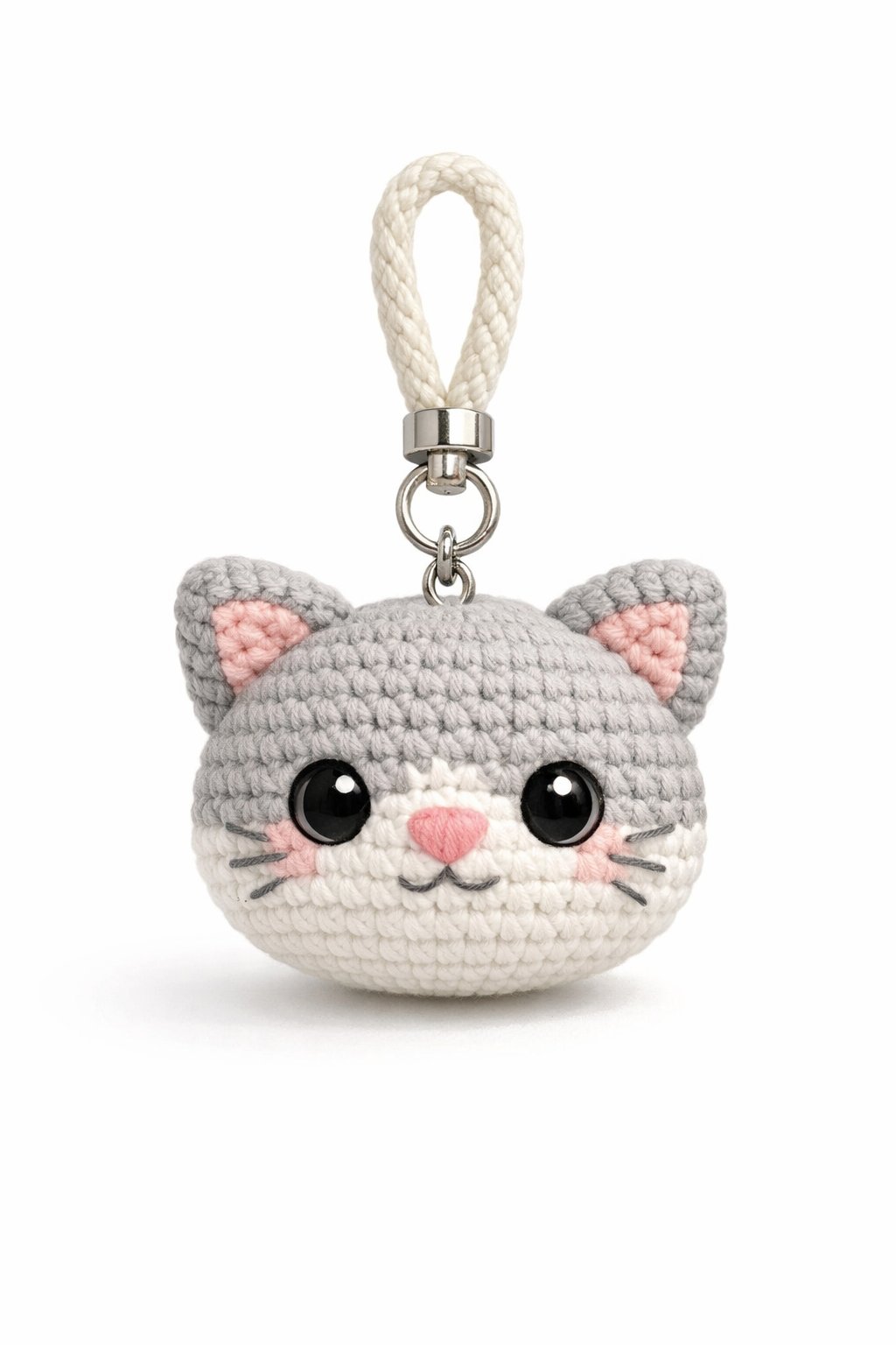 A small crocheted cat head keychain attached to a rope holder on a plain background.