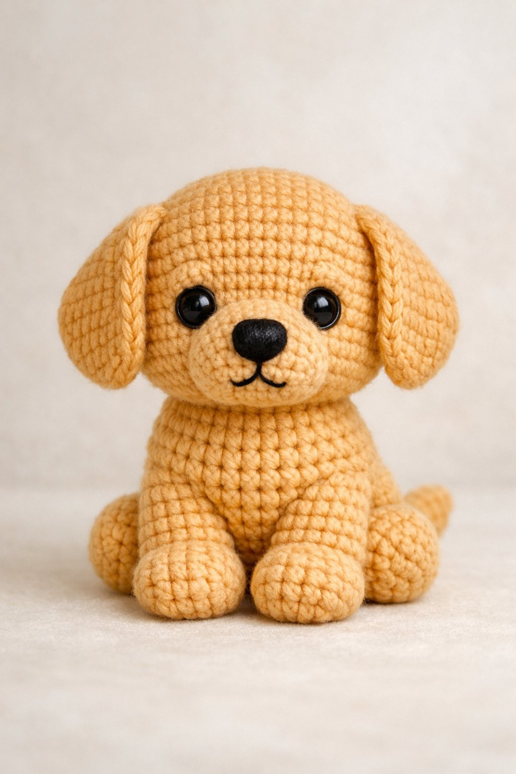 A cute crocheted Golden Retriever puppy sitting with a friendly expression.