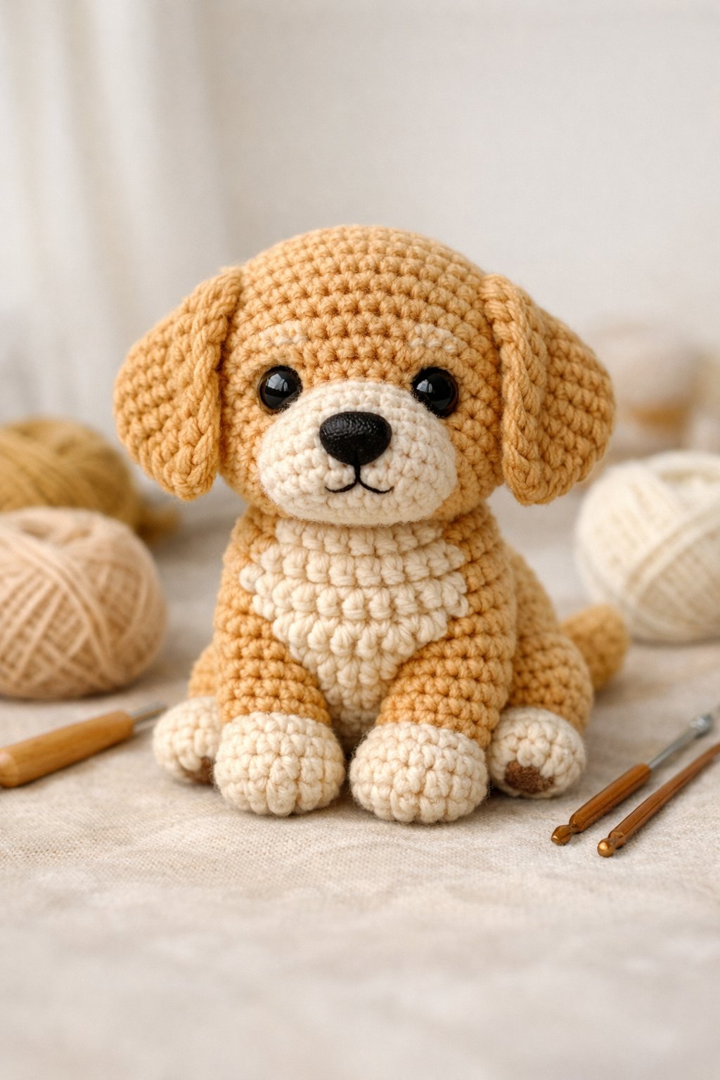 A crocheted Golden Retriever puppy sitting on a soft surface with yarn balls and crochet tools nearby.