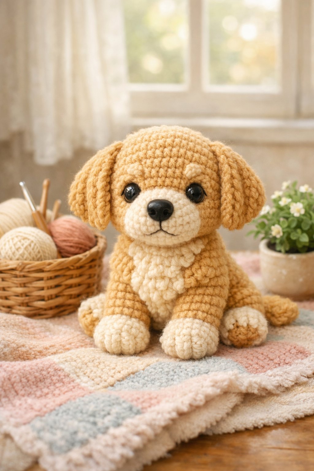 A crocheted Golden Retriever puppy sitting on a soft blanket with crochet supplies and a potted plant nearby in a cozy room.