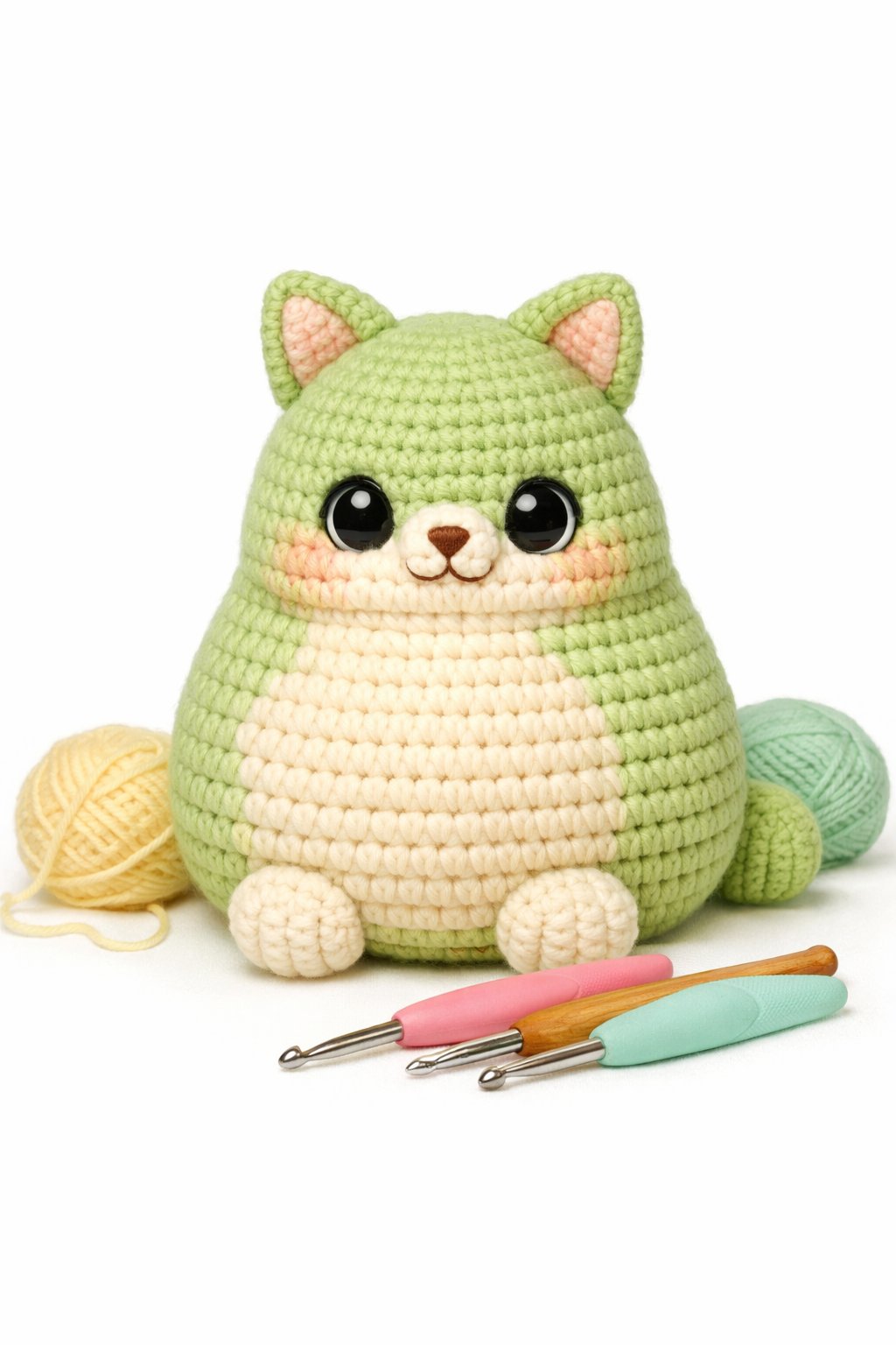 A chubby pear-shaped cat made from crochet yarn sitting upright with a friendly expression, surrounded by crochet hooks and balls of yarn.