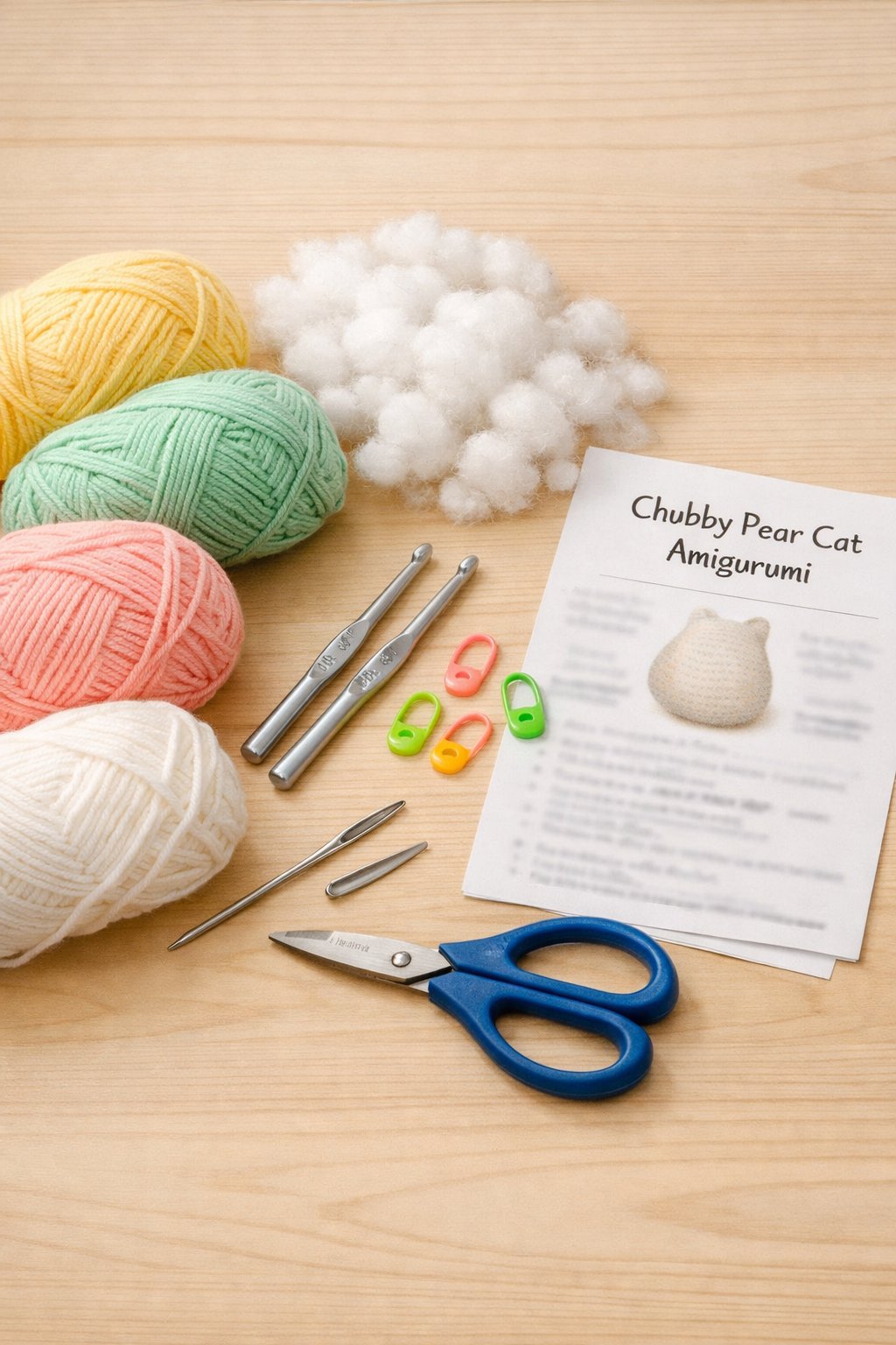A collection of yarn, crochet hooks, stuffing, scissors, and other tools arranged on a wooden table for a crochet project.
