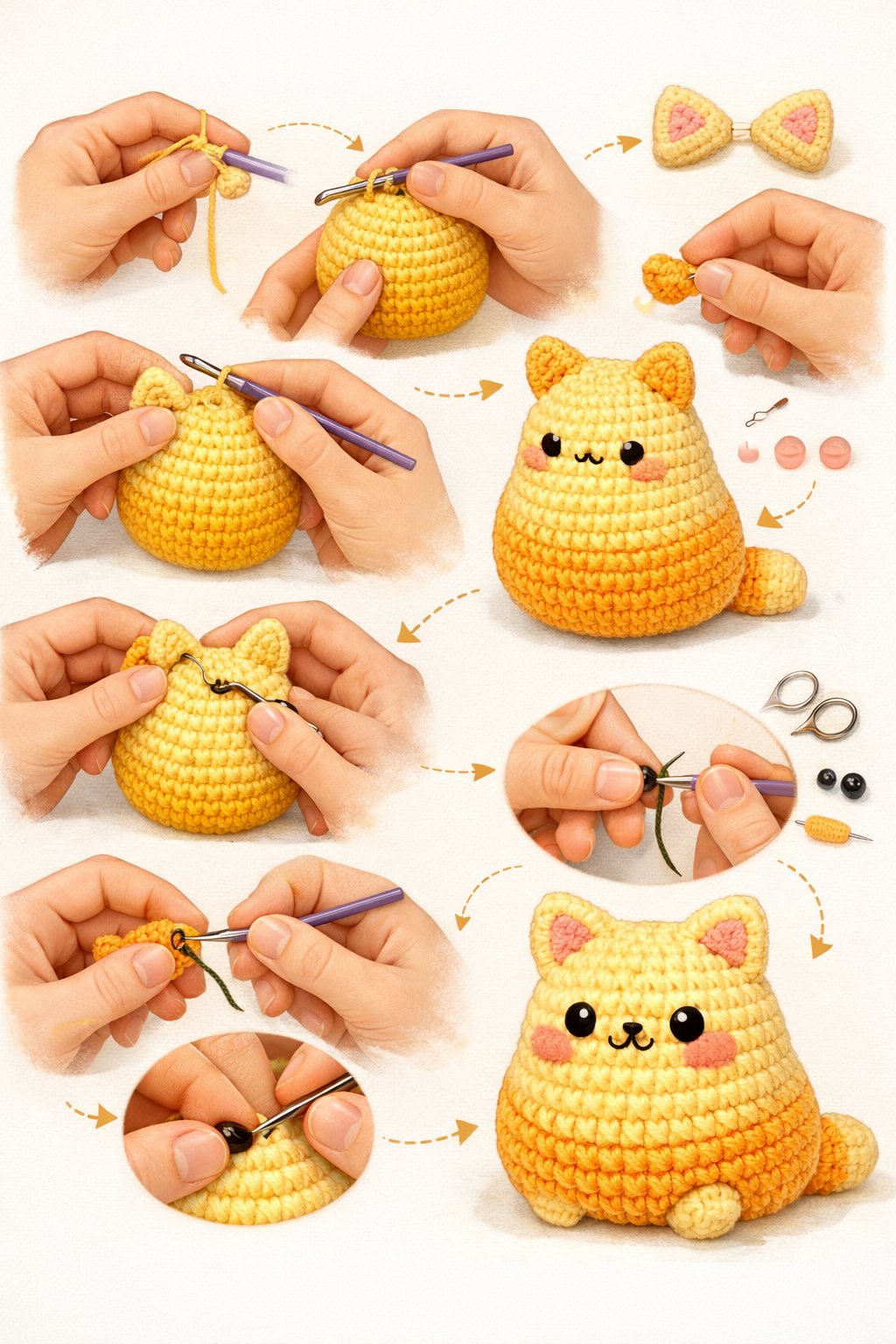 Several illustrated steps showing hands crocheting a small, chubby pear-shaped cat figure.