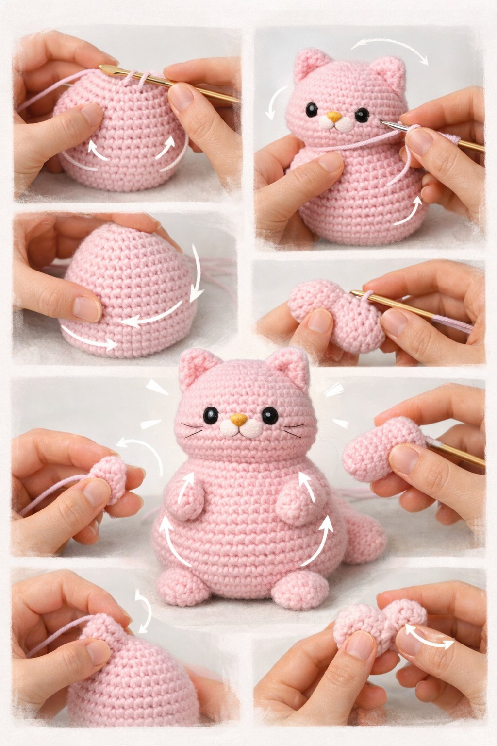Hands crocheting a soft, rounded pear-shaped cat figure with close-up details showing shaping techniques.