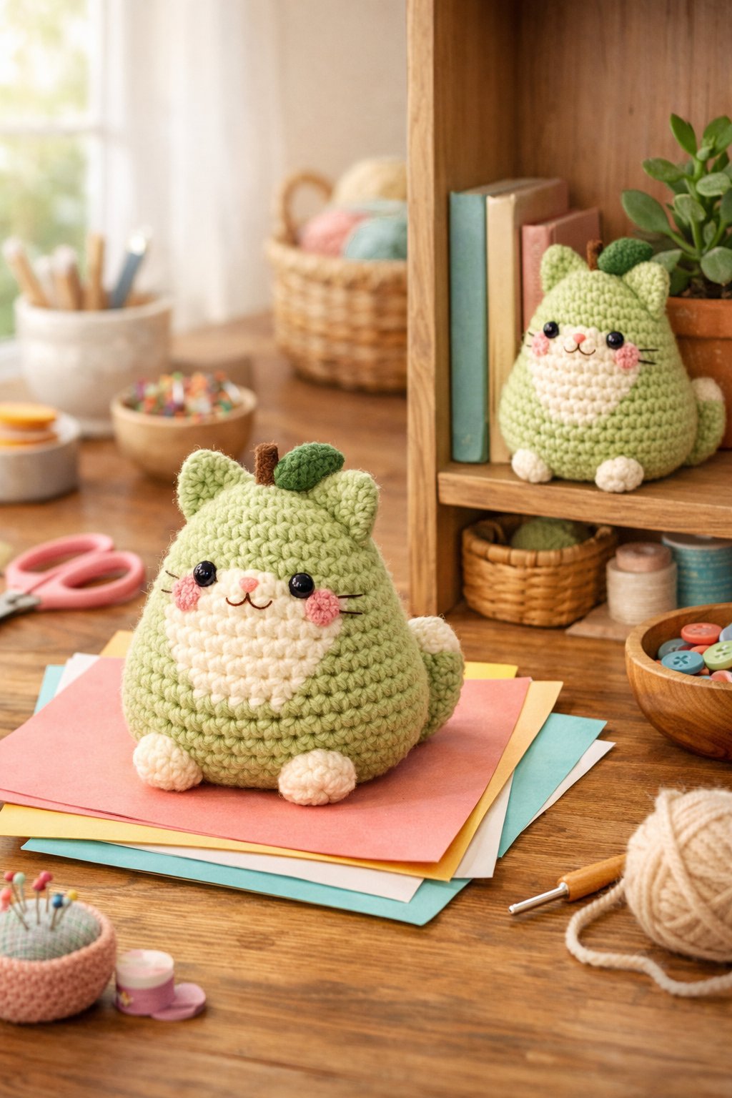 A chubby pear-shaped crocheted cat displayed in a bright craft room, used as a paperweight and decorative item among books and plants.