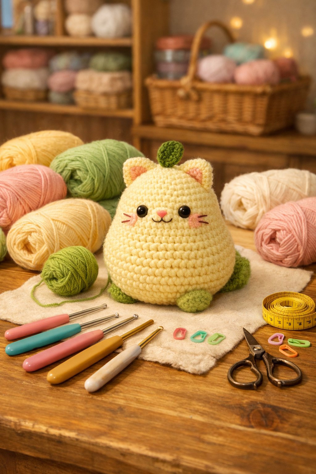 A workspace with colorful yarn, crochet tools, and a partially made chubby pear-shaped cat amigurumi figure.