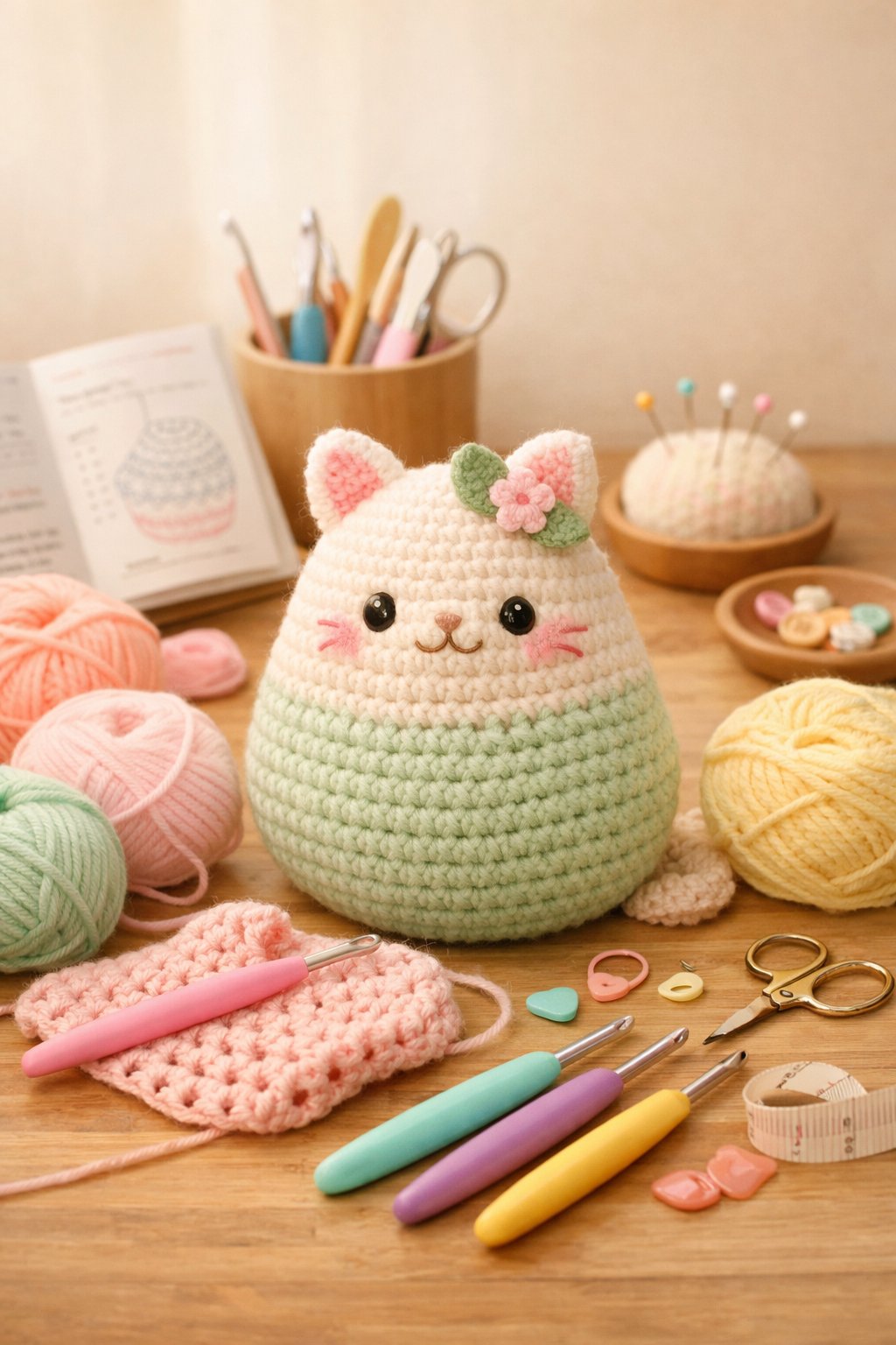 A cozy crafting scene showing a chubby pear-shaped cat made of crochet, surrounded by yarn balls, crochet hooks, and an open pattern booklet.