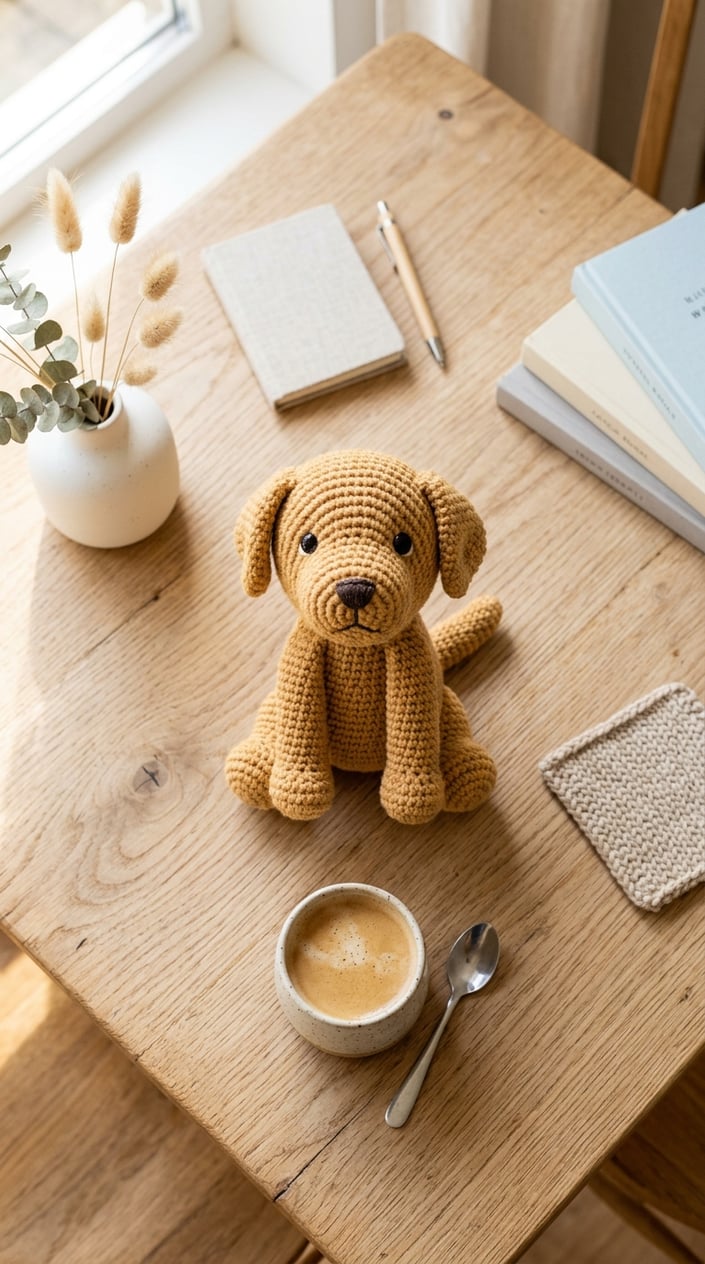 Top view of a handmade crochet Golden Retriever plush on a wooden table with minimal home decor around it.
