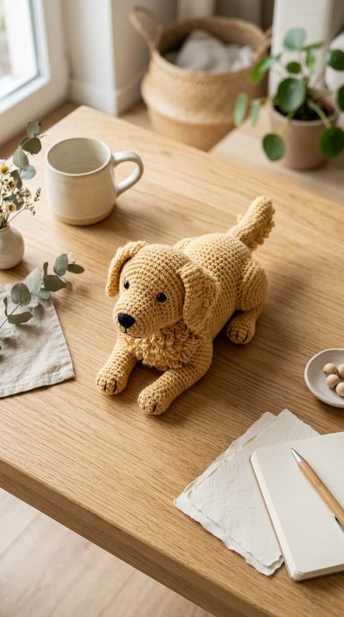 Top view photo of a handmade crochet Golden Retriever plush on a light wooden table with minimal home decor in the background.