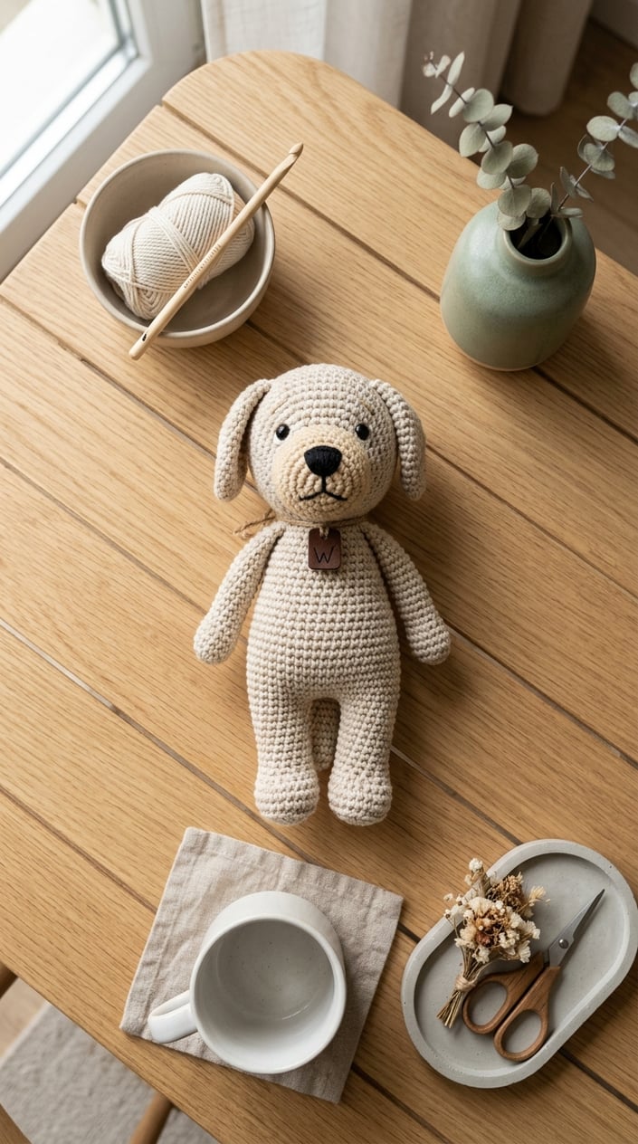 Top view of a handmade crochet Golden Retriever toy on a wooden table with minimal pastel-colored home decor around it.
