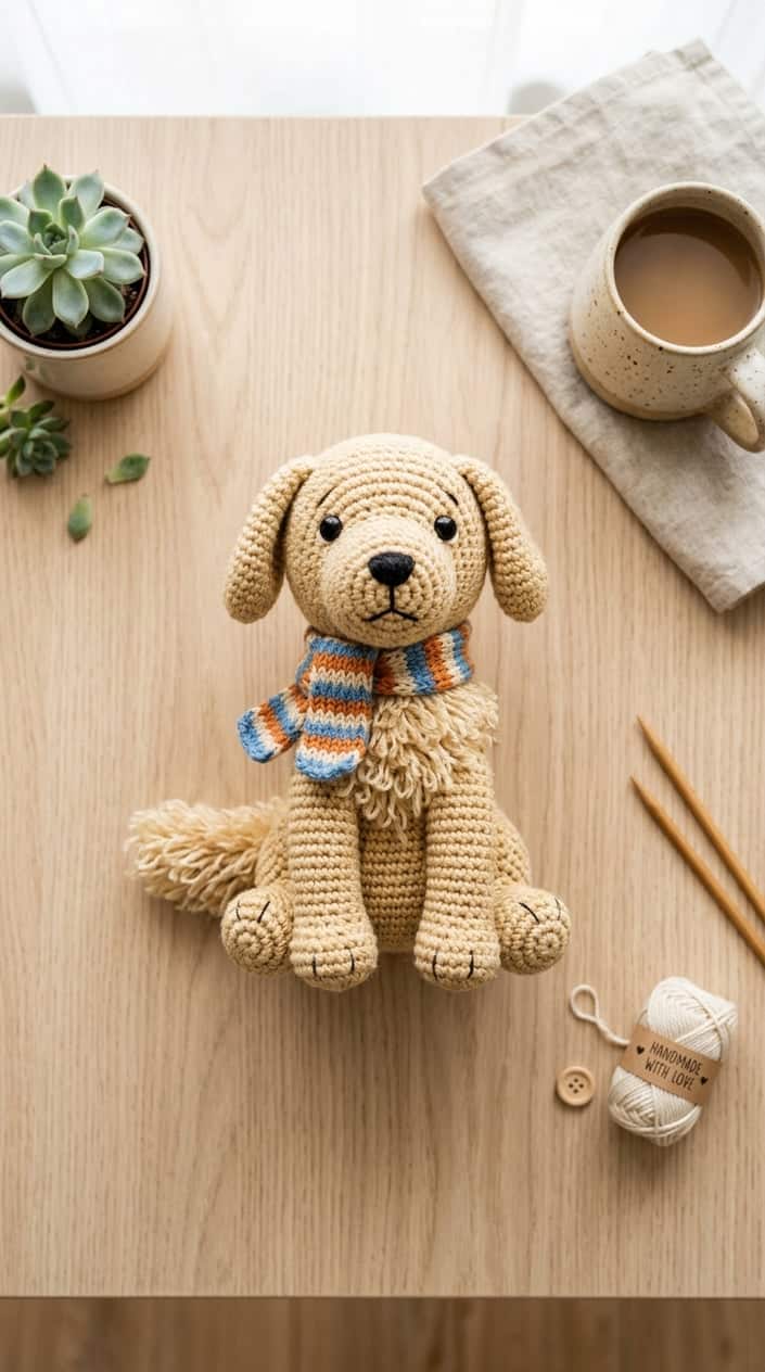 Top view of a handmade crochet Golden Retriever plush wearing a scarf on a wooden table with minimal home decor around it.