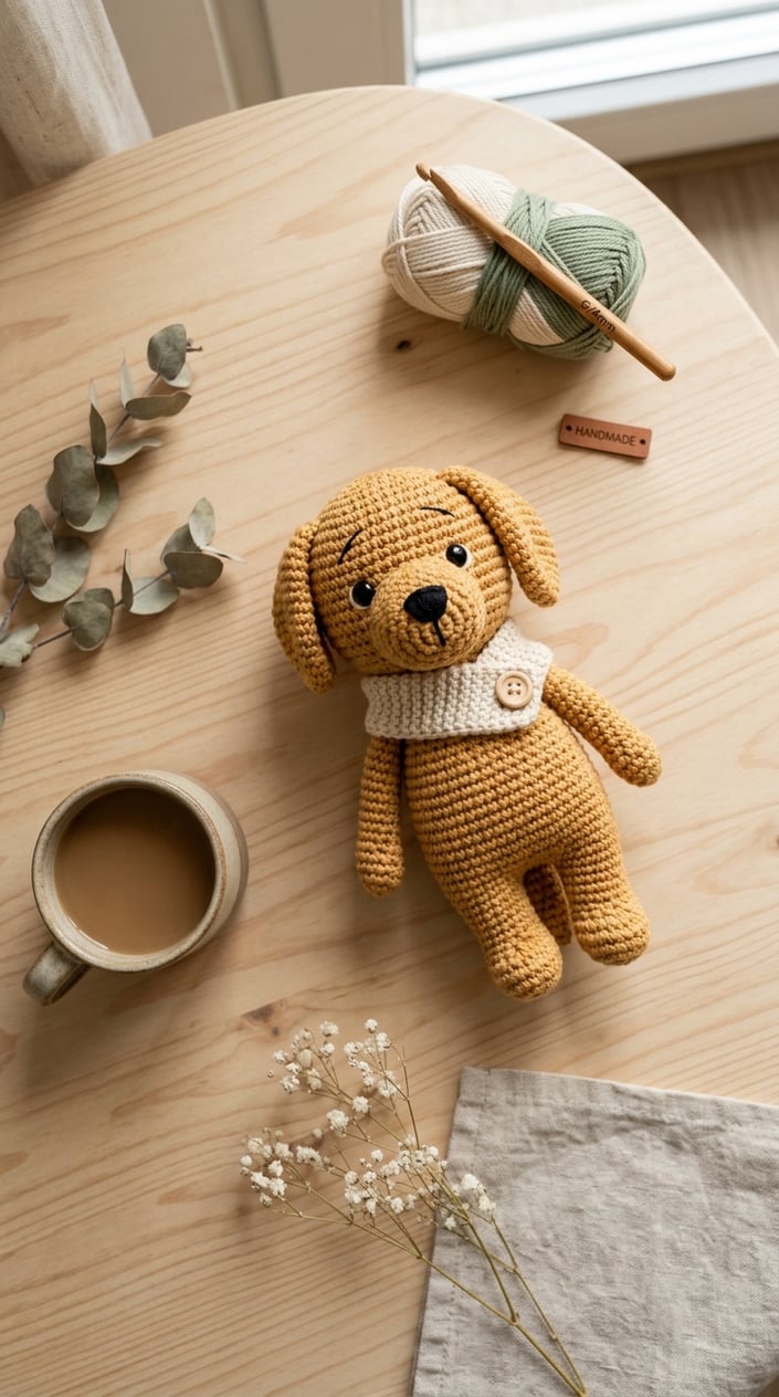 Top view of a handmade golden retriever crochet doll on a light wooden table with soft natural light and minimal home decor.