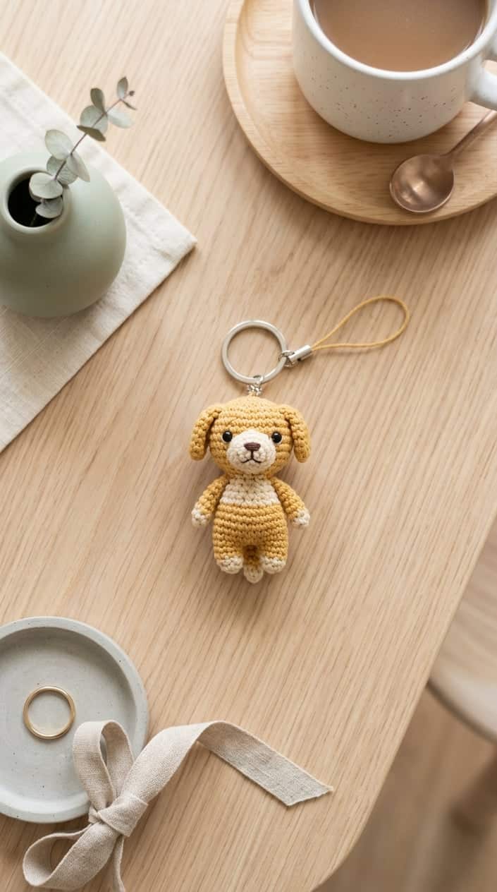 Top view of a handmade mini Golden Retriever crochet keychain on a light wooden table with soft natural light and minimal home decor around it.