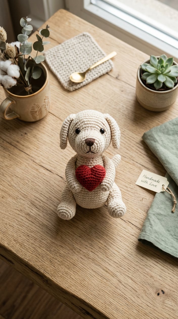 Top view of a handmade crochet Golden Retriever holding a heart on a wooden table with minimal home decor around it.