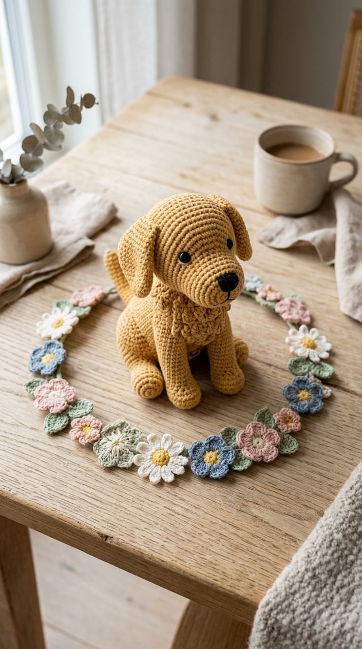 Top view of a handmade crochet Golden Retriever toy with crocheted flower crowns on a light wooden table.
