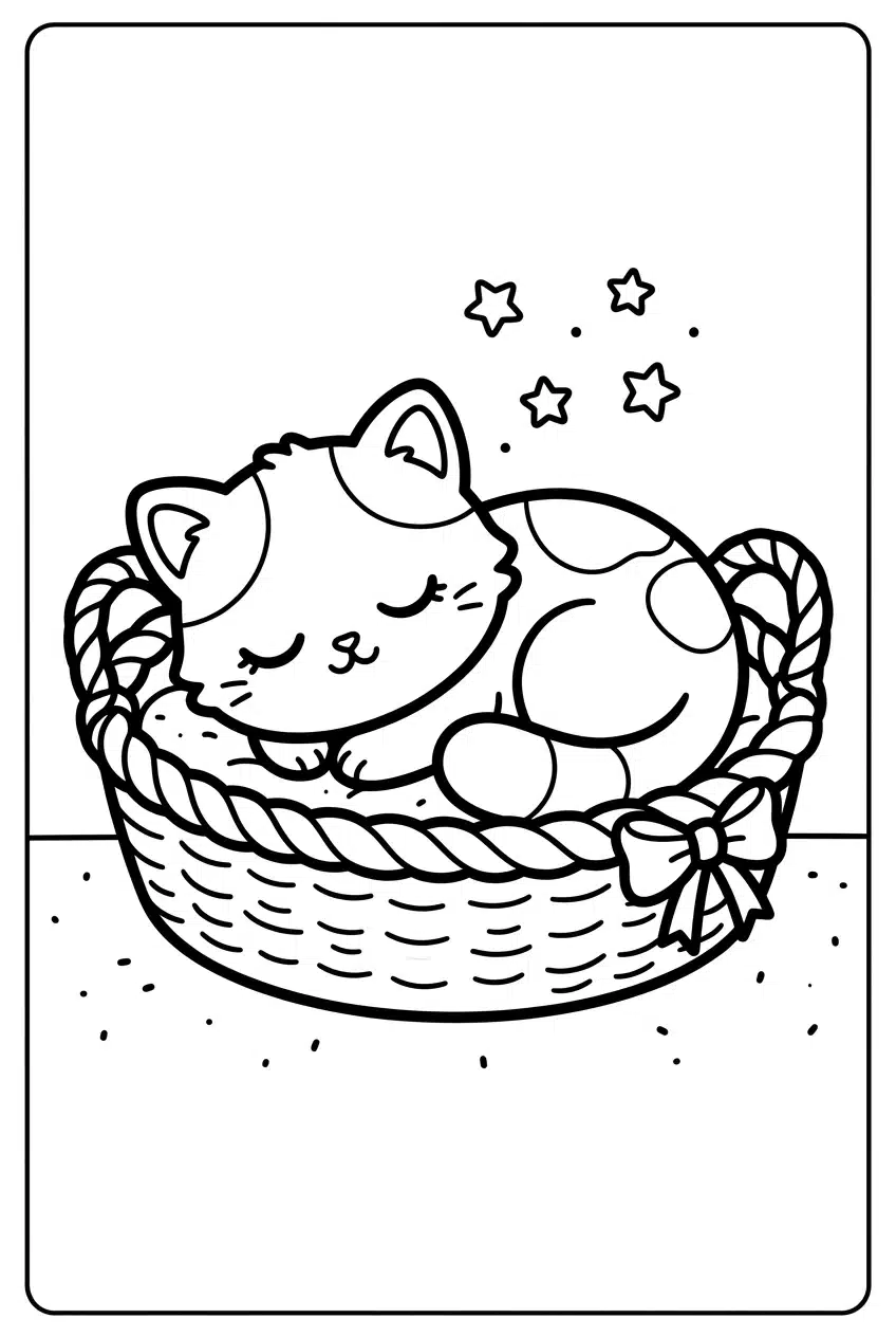 Cute Baby Cat Sleeping in a Basket Coloring Page