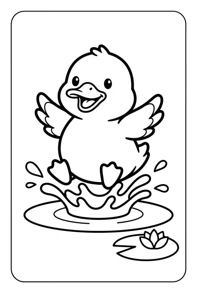 Baby Duck Splashing in a Puddle Coloring Page