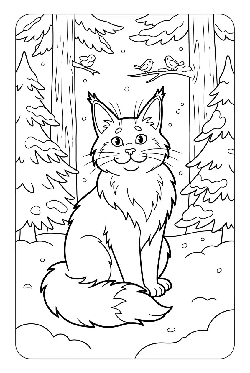 Maine Coon Cat Sitting in a Snowy Forest Coloring Page