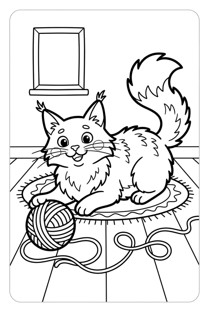 Maine Coon Cat Playing with a Ball of Yarn Coloring Page