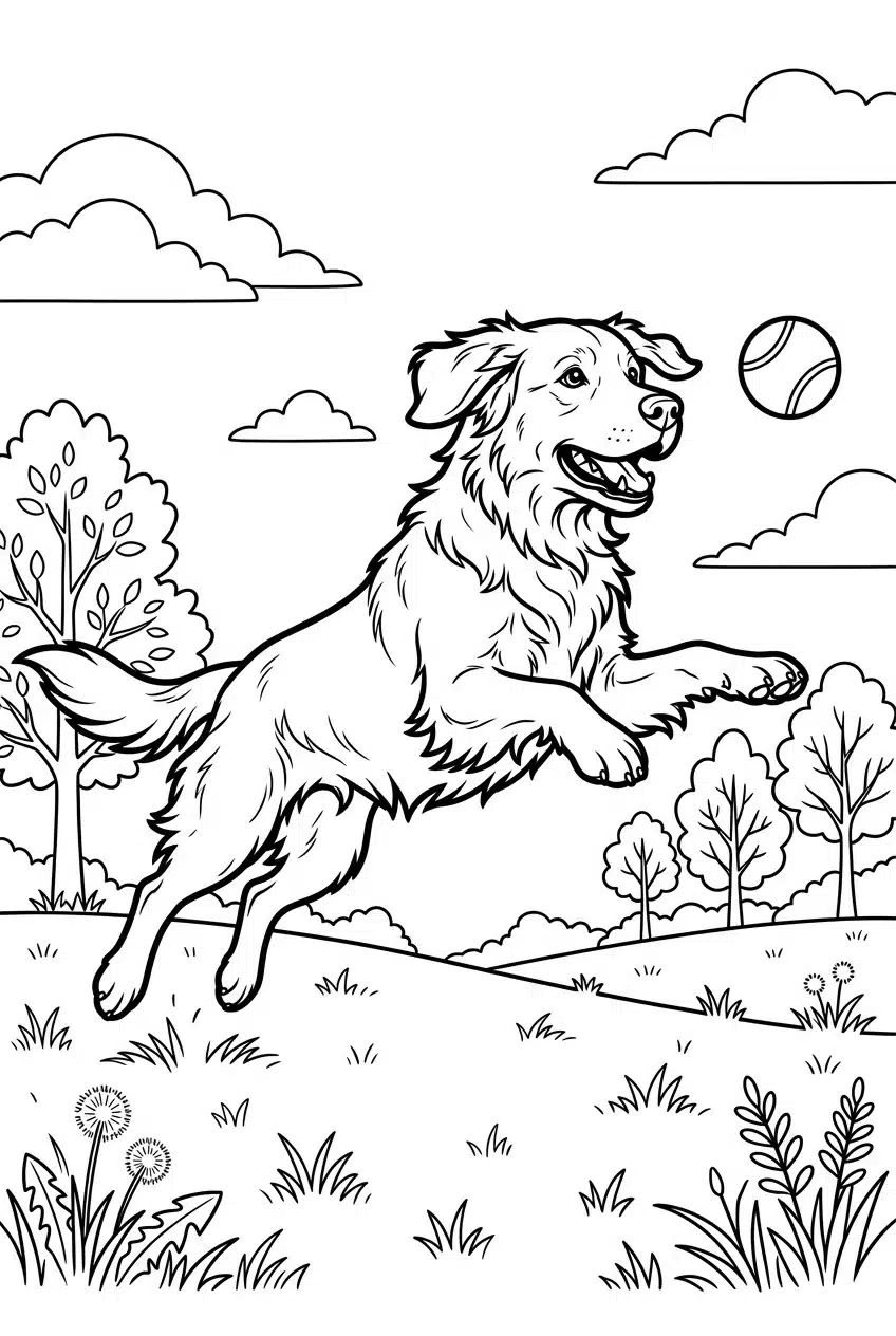 Golden Retriever Playing Fetch Coloring Page