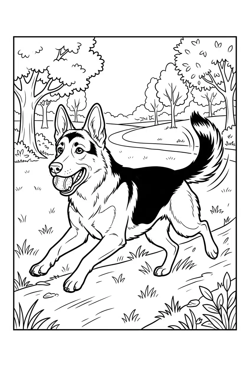 German Shepherd Playing Outdoors Coloring Sheet