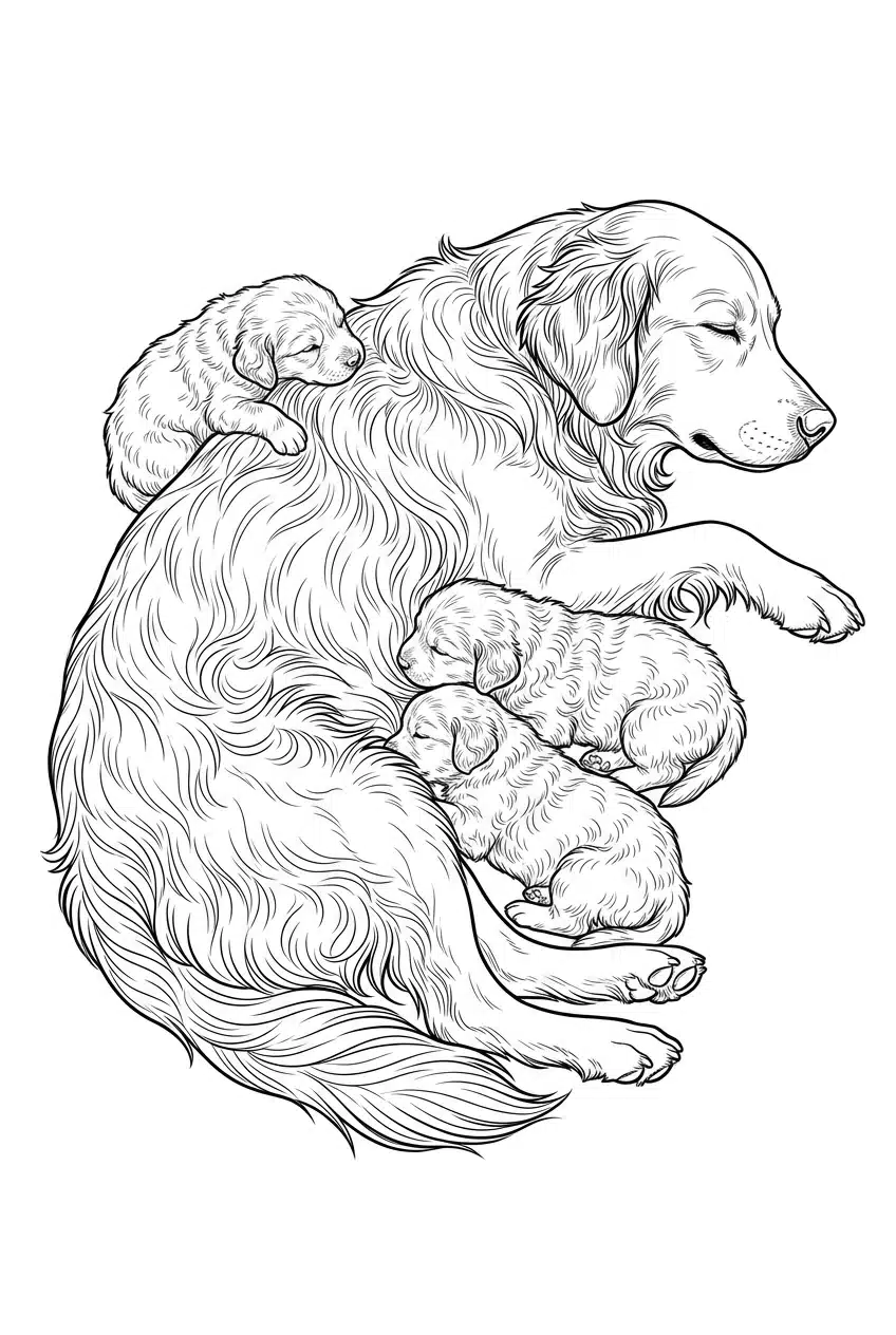 Golden Retriever Family Scene Coloring Page