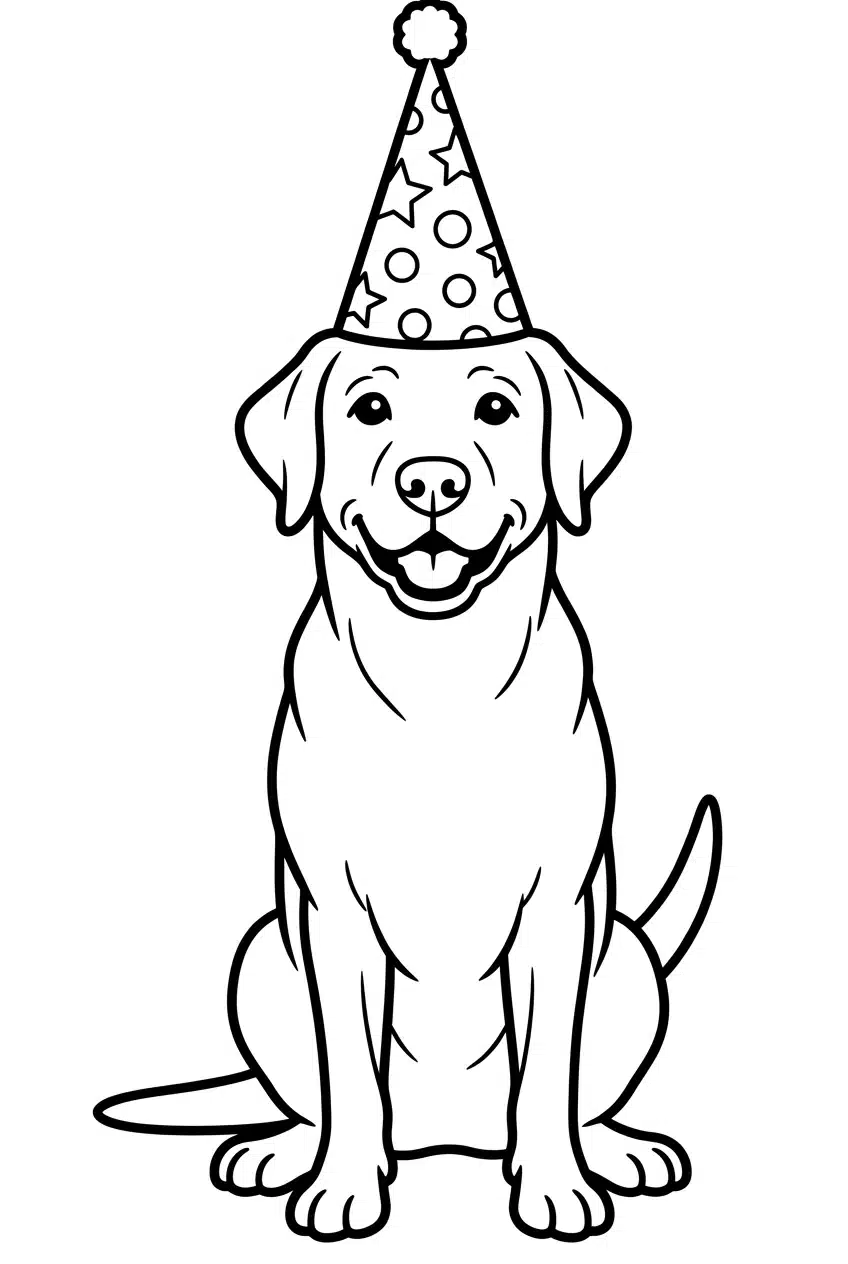 Labrador Retriever Wearing a Party Hat Coloring Page
