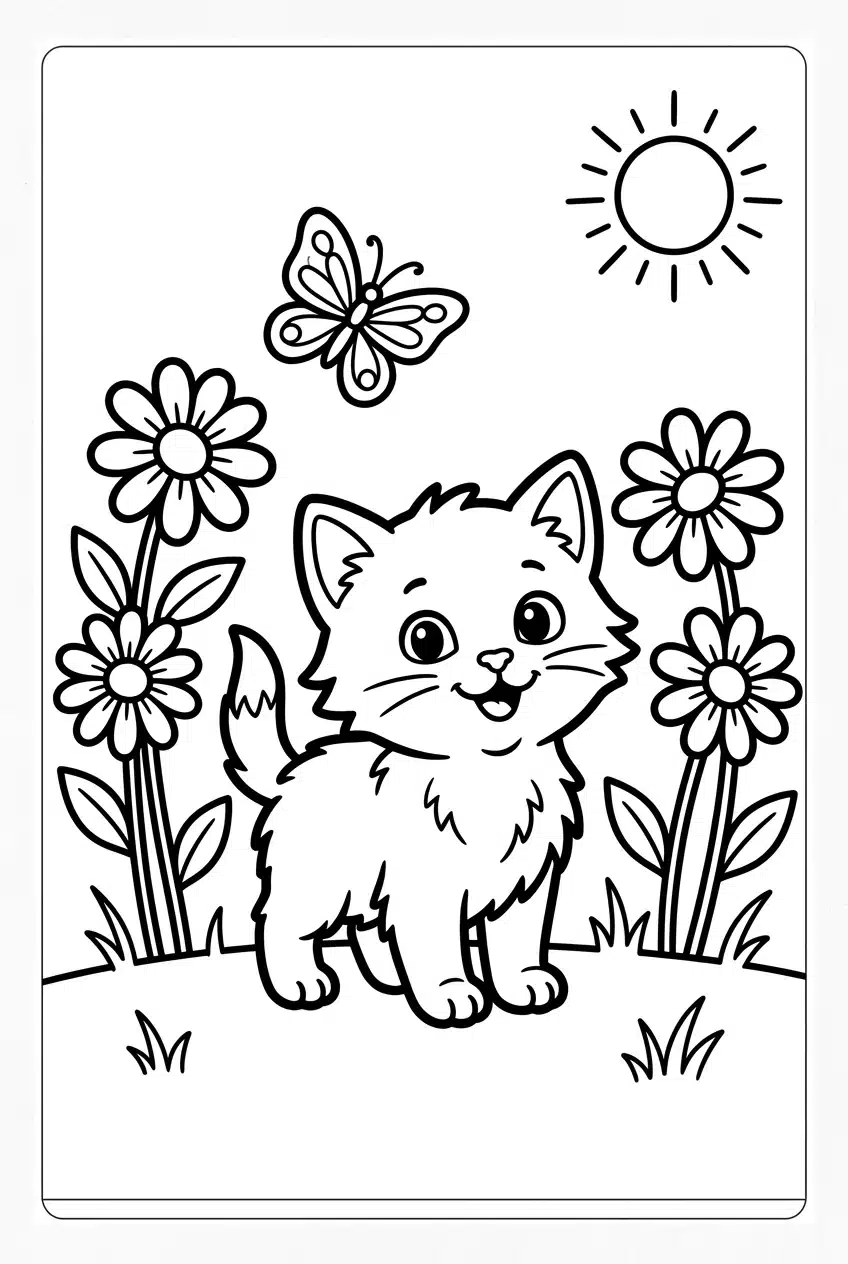 Baby Cat in a Garden with Flowers Coloring Page