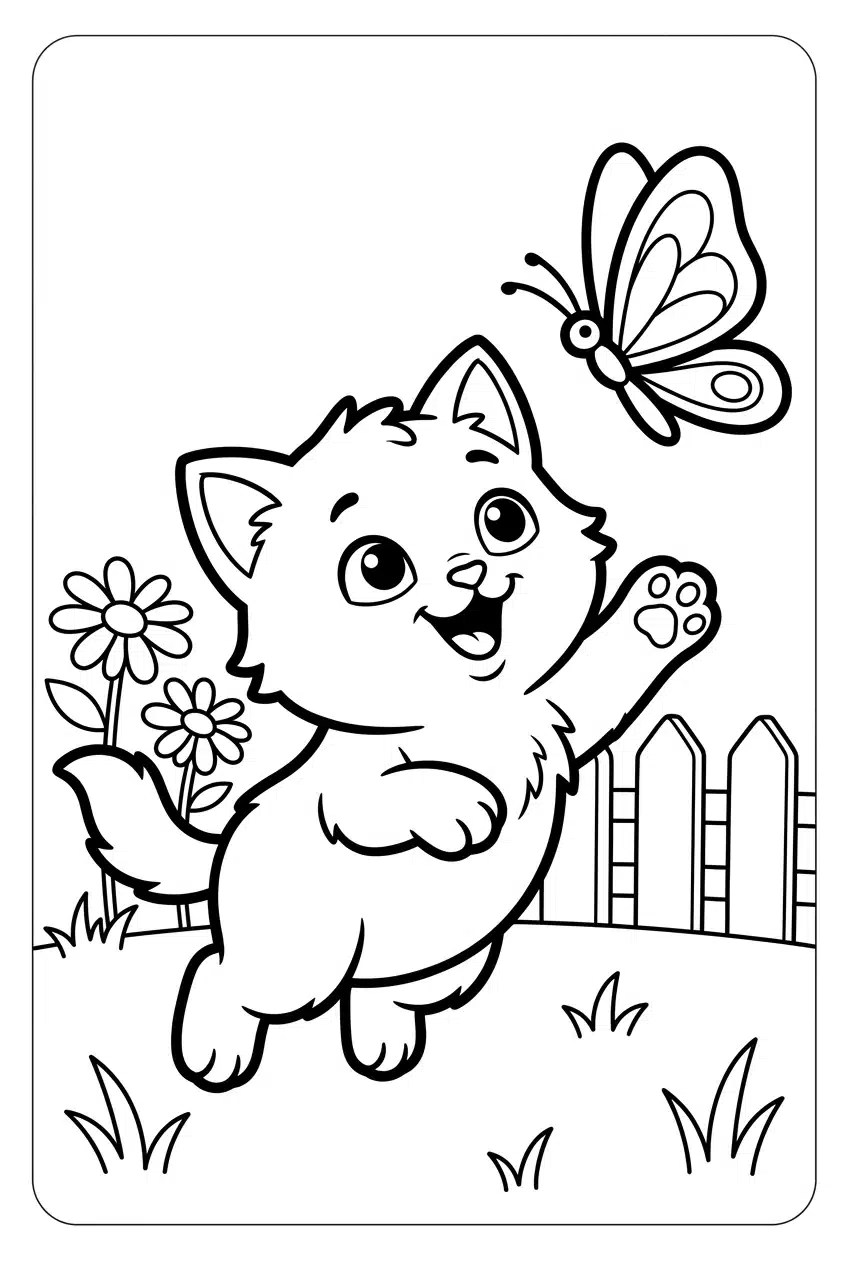Baby Kitten Chasing a Butterfly in a Garden Coloring Page