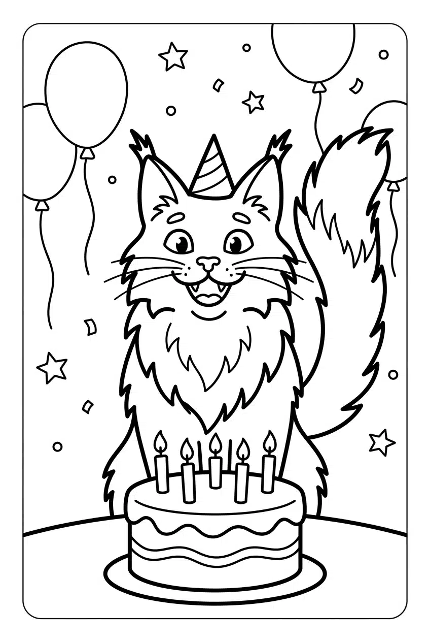 Maine Coon Cat at a Birthday Party Coloring Page