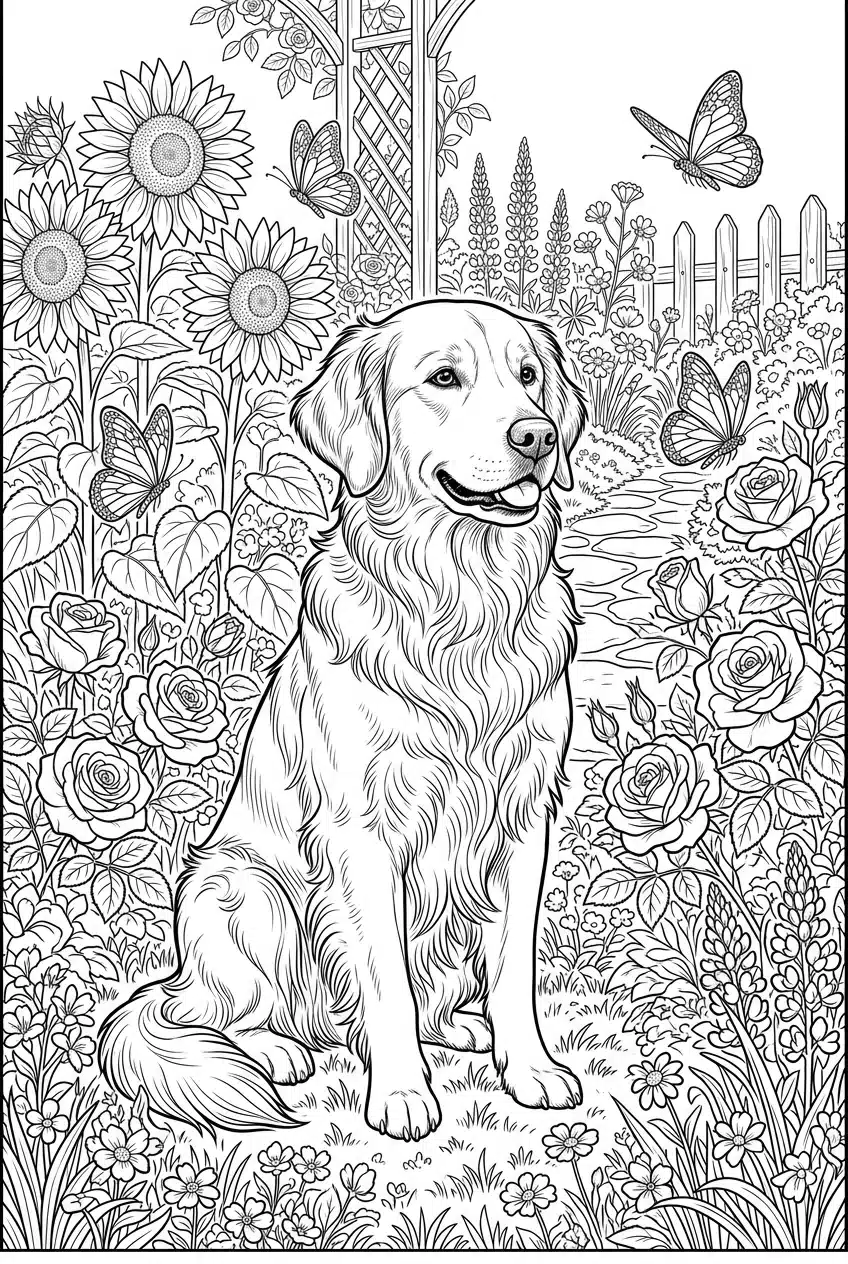 Golden Retriever in the Garden Coloring Page