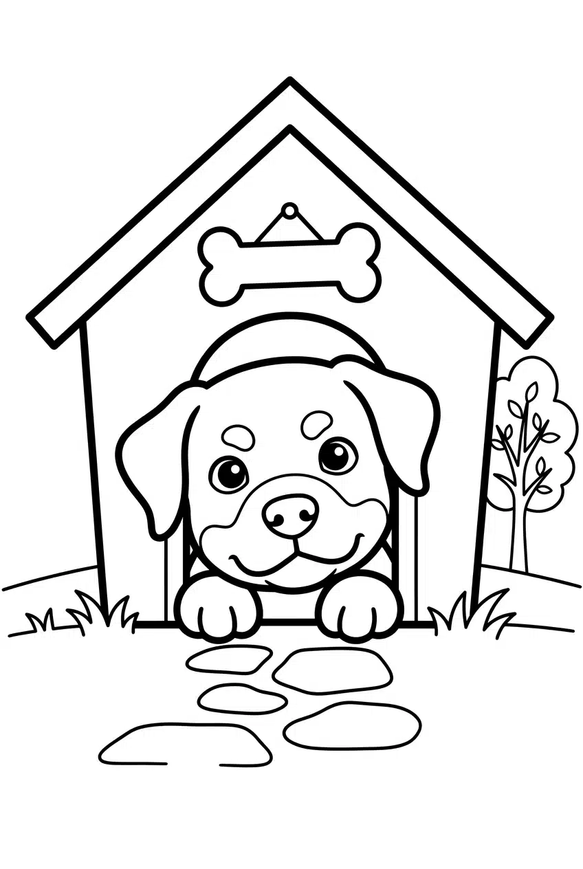 Rottweiler Coloring Page with a Dog House Scene