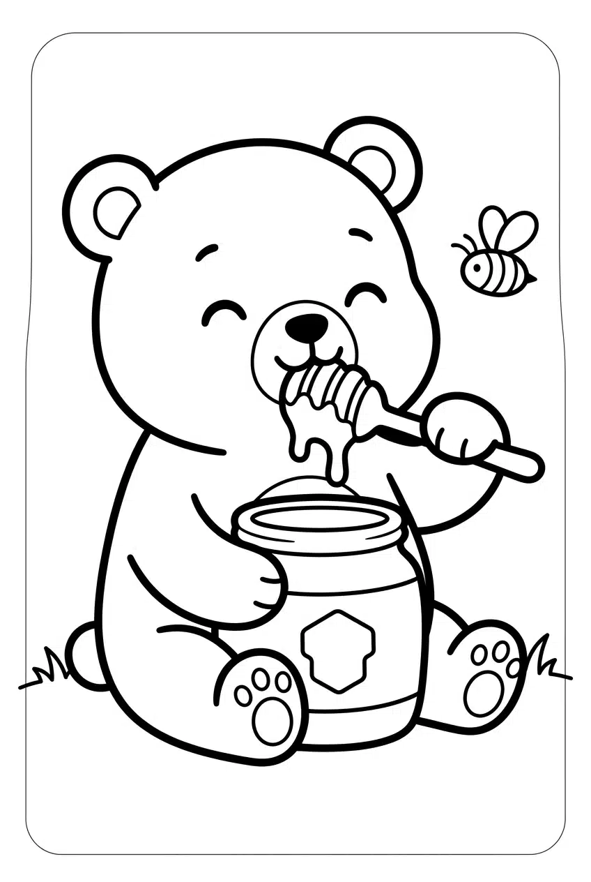 Baby Bear Eating Honey from a Jar Coloring Page