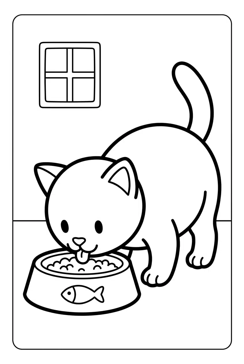 Baby Cat Drinking Milk from a Bowl Coloring Page