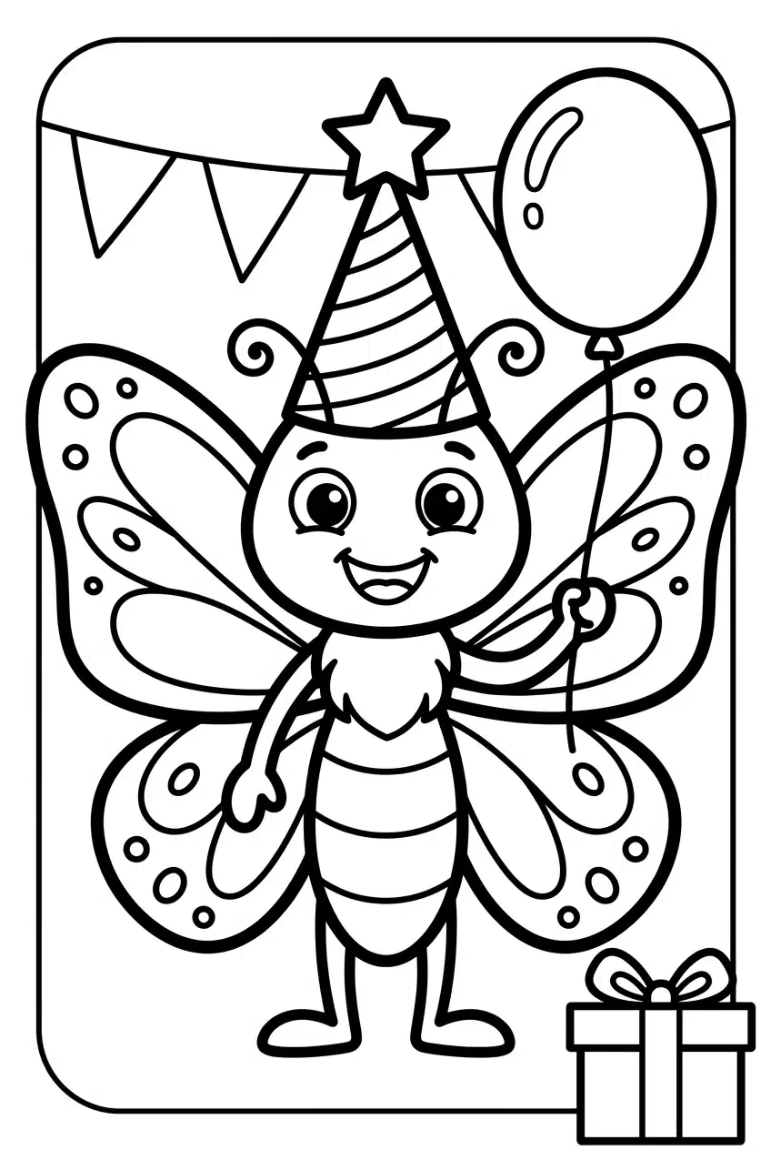 Butterfly at a Birthday Party Coloring Page