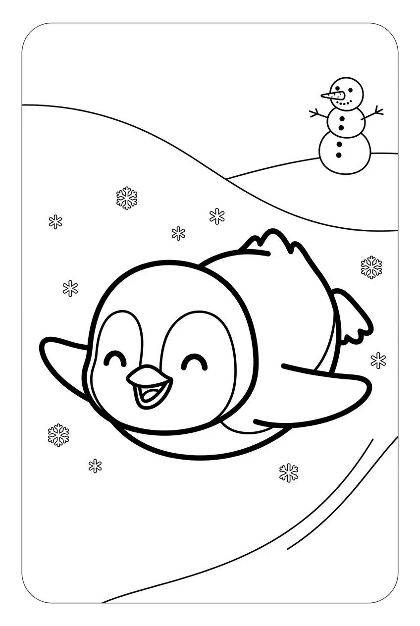 Baby Penguin Sliding Down a Snowy Hill Coloring Page