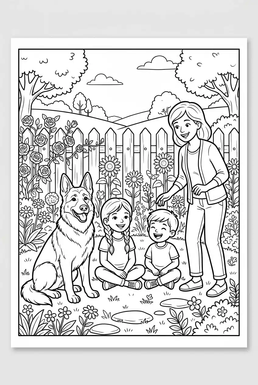 German Shepherd with Family Coloring Page
