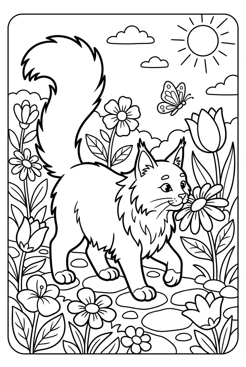 Maine Coon Cat Exploring a Garden Coloring Page