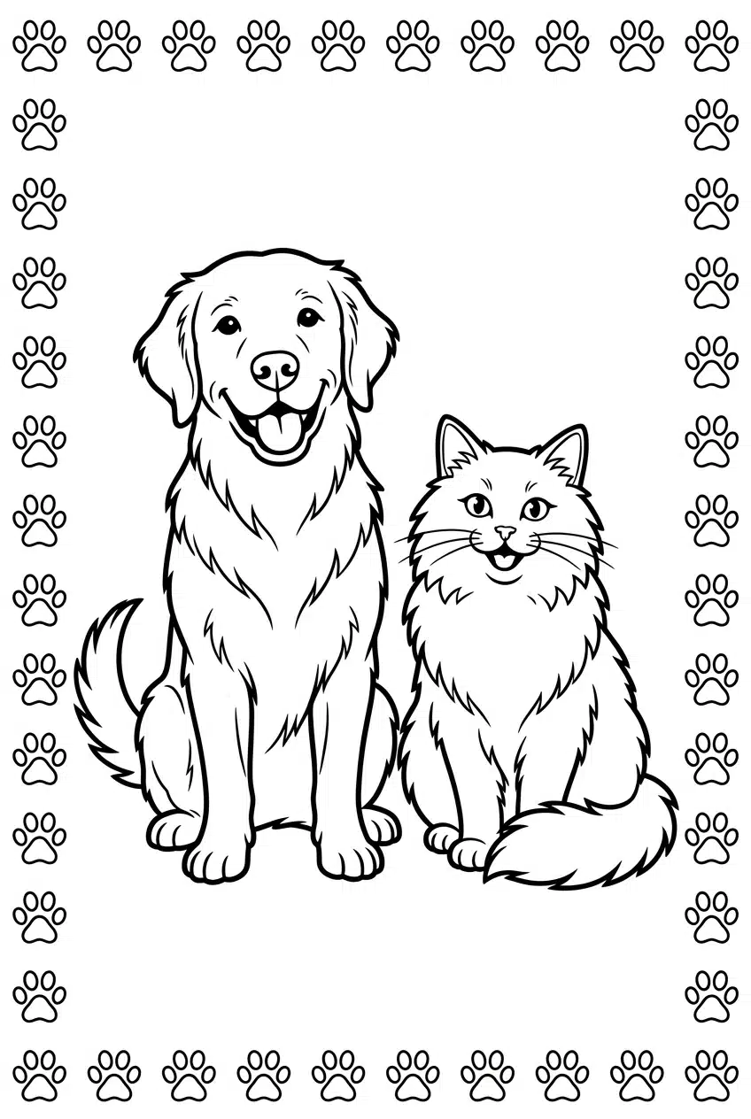 Golden Retriever With a Cat Coloring Page