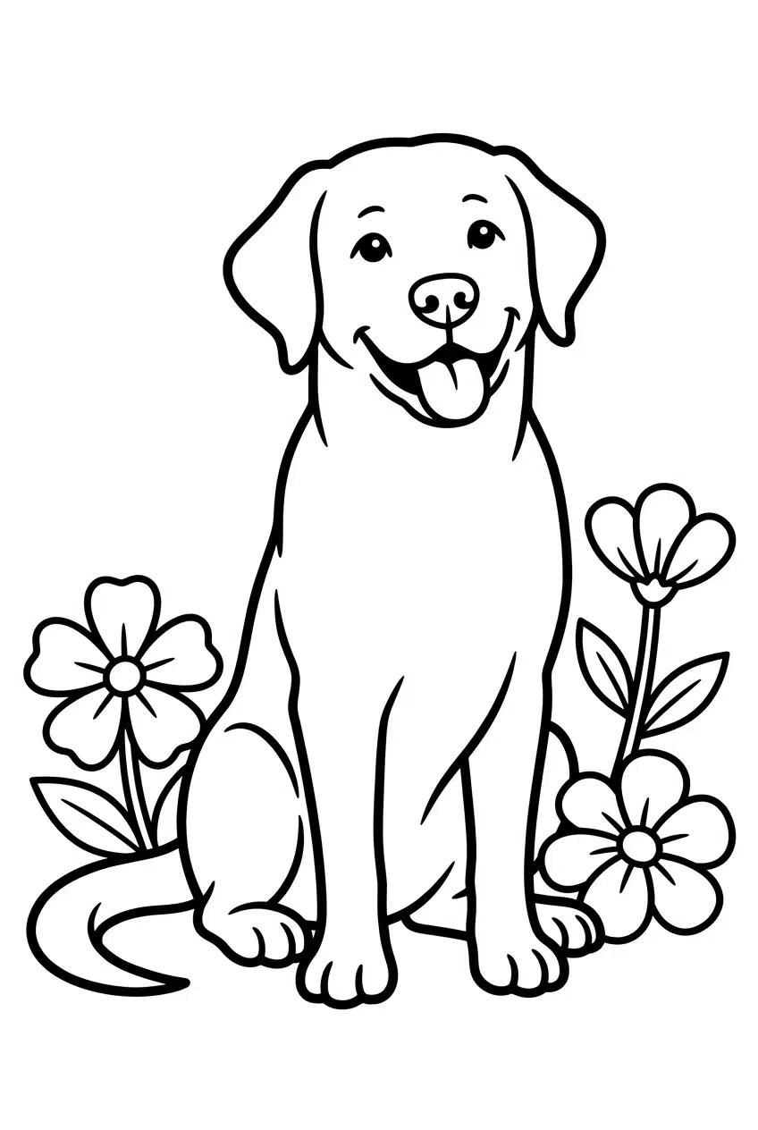 Labrador Retriever Sitting in a Flower Garden Coloring Page