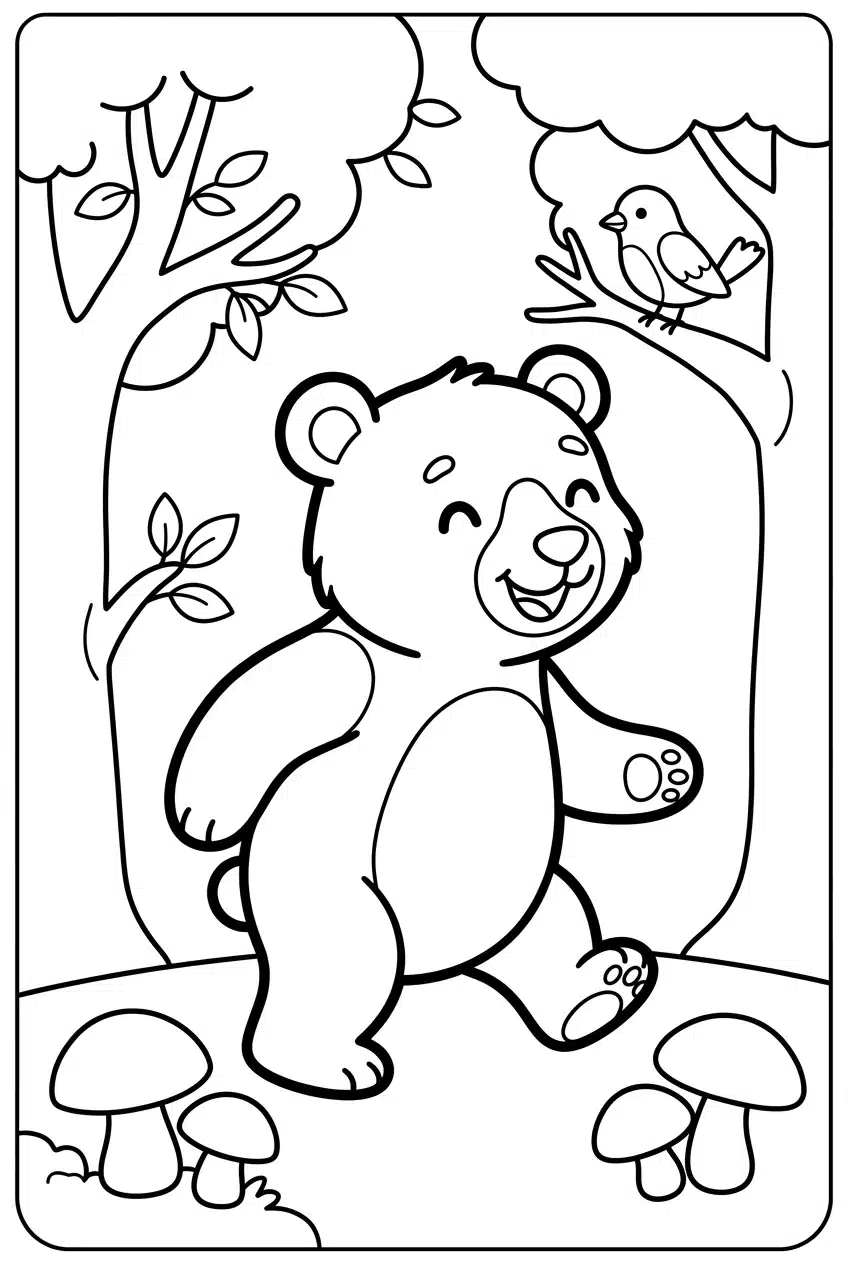 Bear in the Forest Coloring Page Scene